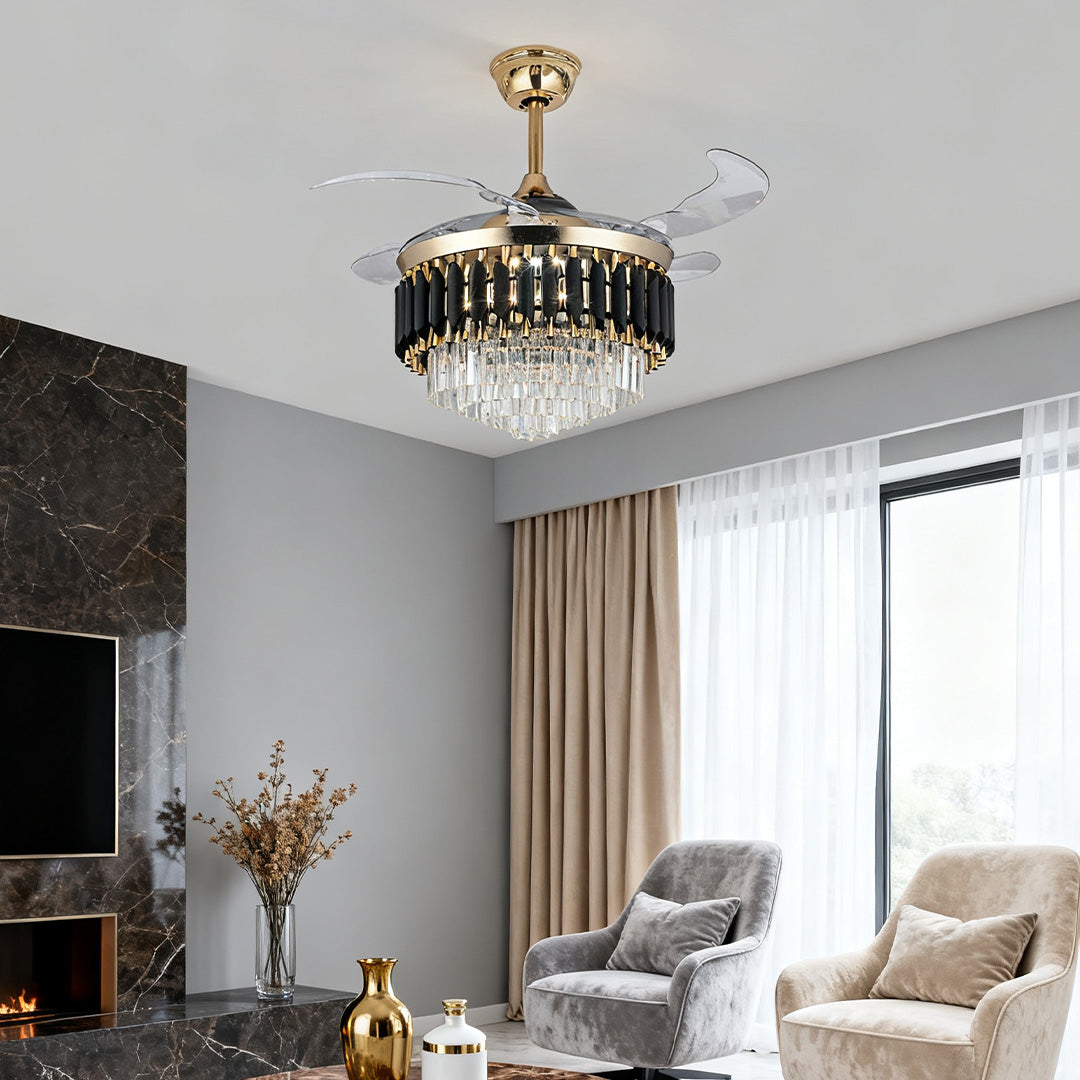 Luxury Black Ceiling Fan with Crystal Light and Transparent Blades