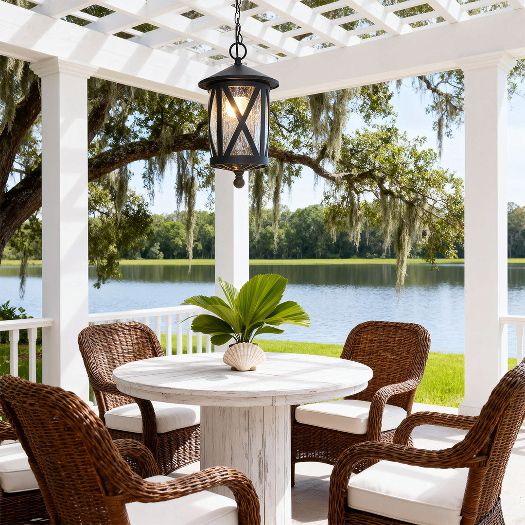 Aria Outdoor Pendant Light – Black Aluminum & Glass Lantern