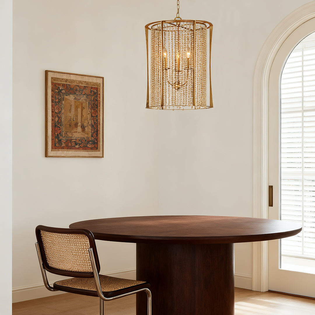 Handcrafted Wood Bead Chandelier with Gold Finish, 3-Light Candle Sockets