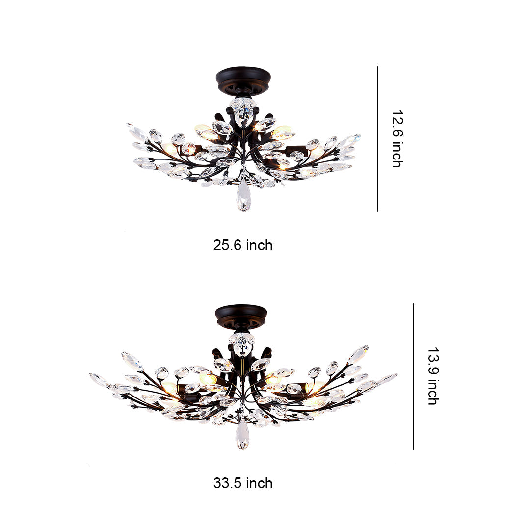 Crystal Leaf Semi Flush Ceiling Light in Black Iron