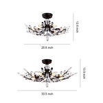 Crystal Leaf Semi Flush Ceiling Light in Black Iron