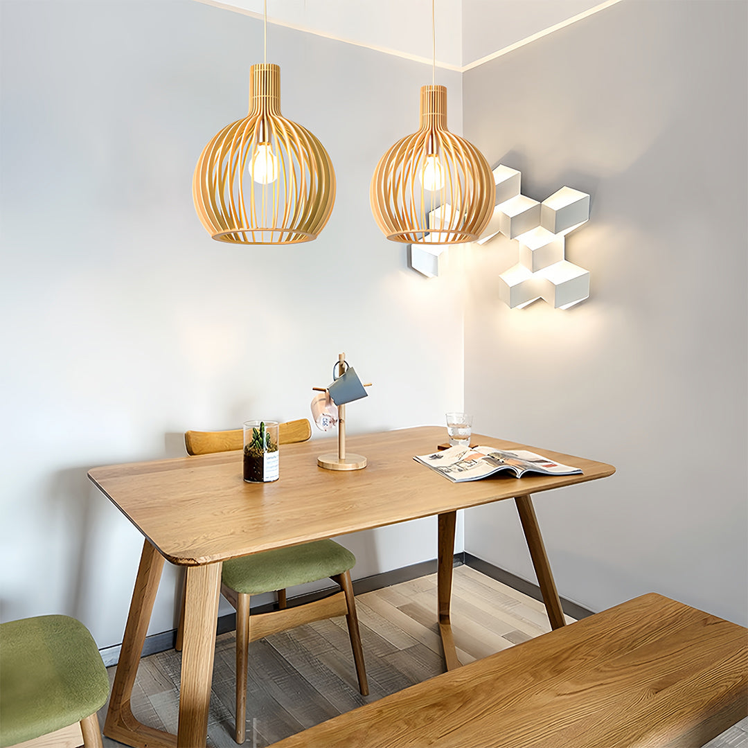 Handcrafted Wooden Birdcage Pendant Light with E27 Socket