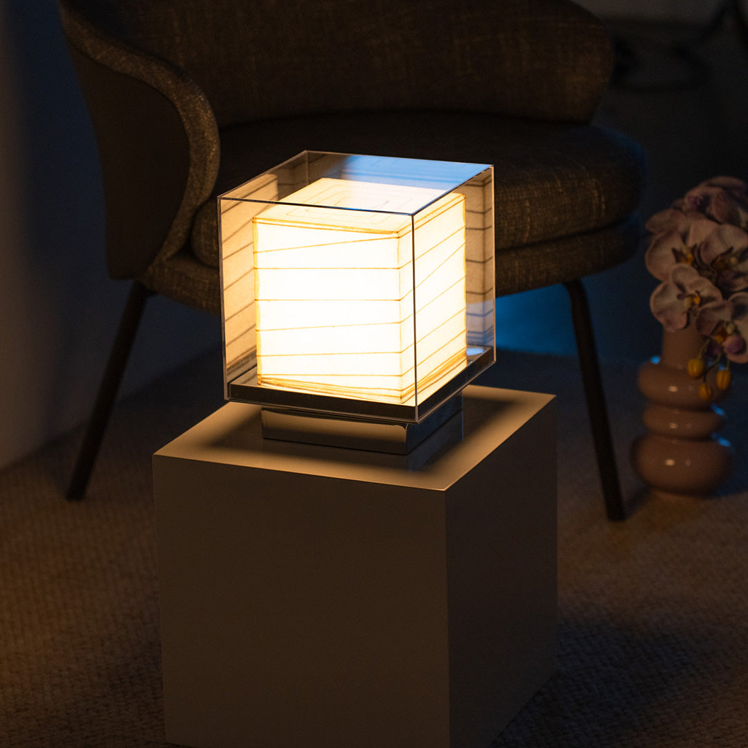 Wabi-Sabi Japanese Paper Table Lamp with Chrome Accent