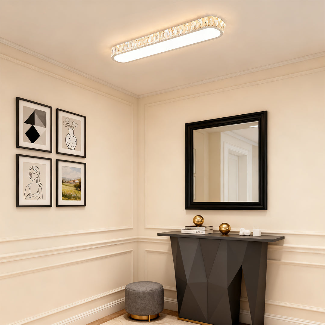 Linear Crystal LED Flush Mount Ceiling Light, Chrome Finish, Modern Minimalist