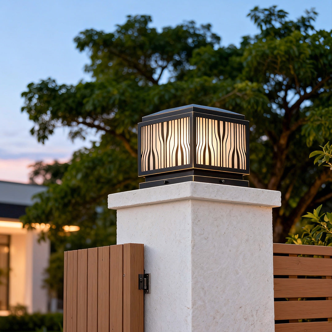 Modern Copper Pillar Lights with Textured Glass for Outdoor Spaces