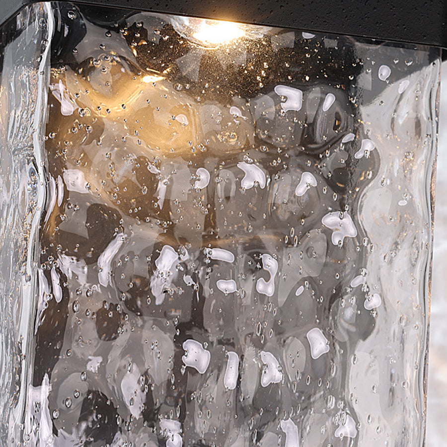 Modern Rectangular Outdoor Wall Sconce in Black Aluminum with Water-Drop Glass
