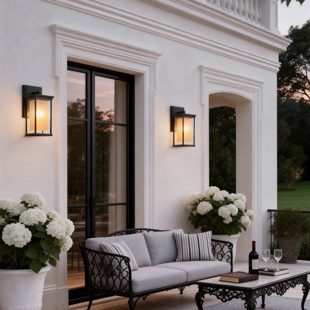 Black Aluminum Outdoor Wall Sconce with Amber Glass