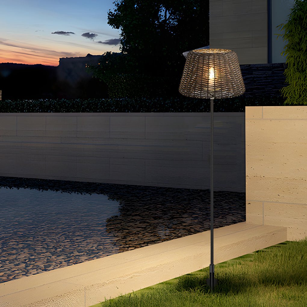 Handwoven Rattan LED Outdoor Floor Lamp with Open-Top Dome Shade