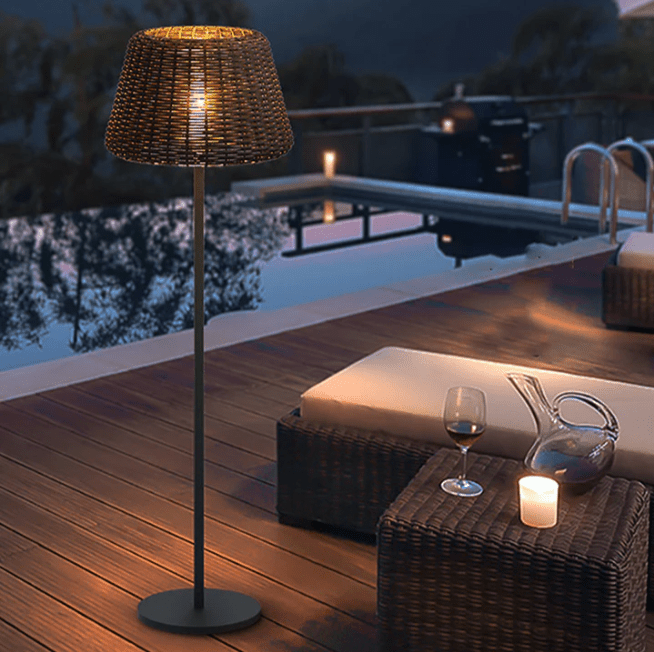 Handwoven Rattan LED Outdoor Floor Lamp with Open-Top Dome Shade