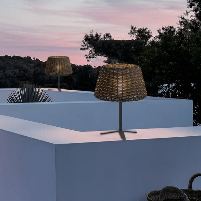 Handwoven Rattan LED Outdoor Floor Lamp with Open-Top Dome Shade