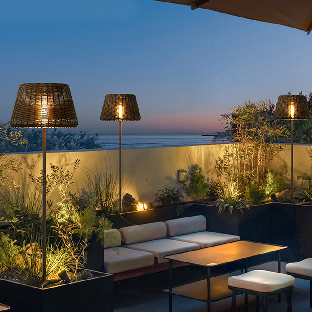 Handwoven Rattan LED Outdoor Floor Lamp with Stainless Steel Stake