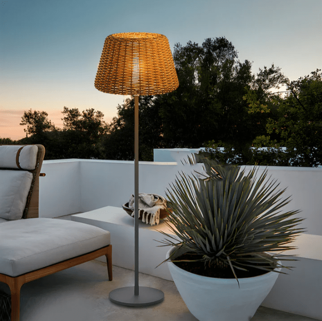 Handwoven Rattan LED Outdoor Floor Lamp with Open-Top Dome Shade