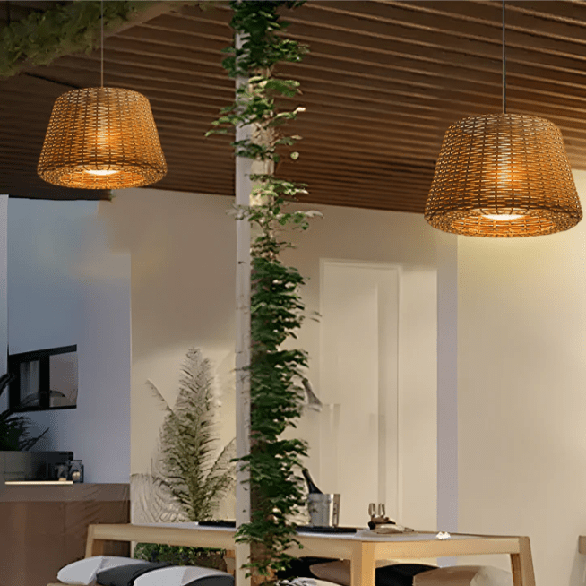 Handwoven Rattan LED Outdoor Floor Lamp with Open-Top Dome Shade