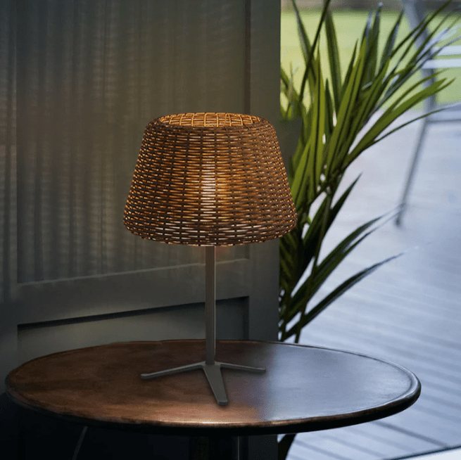 Handwoven Rattan LED Outdoor Floor Lamp with Open-Top Dome Shade