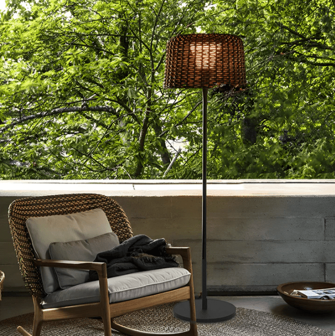 Handwoven Rattan LED Outdoor Floor Lamp with Open-Top Dome Shade