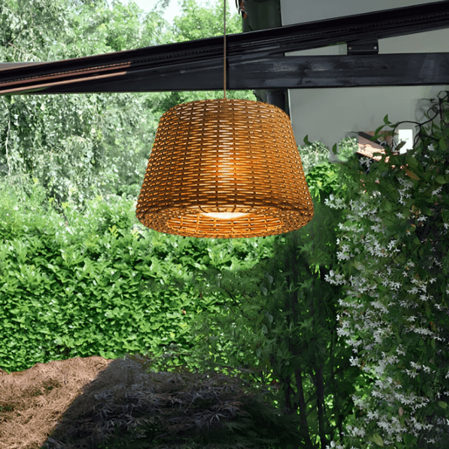 Handwoven Rattan LED Outdoor Floor Lamp with Open-Top Dome Shade
