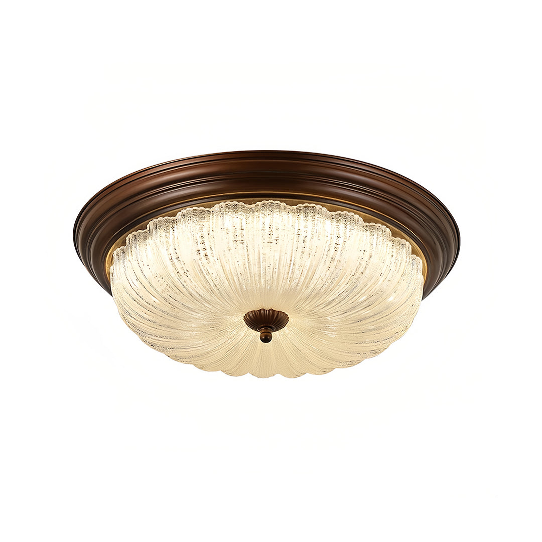 Walnut Wood Retro Dome Flush Mount Ceiling Light with Prismatic Glass Shade