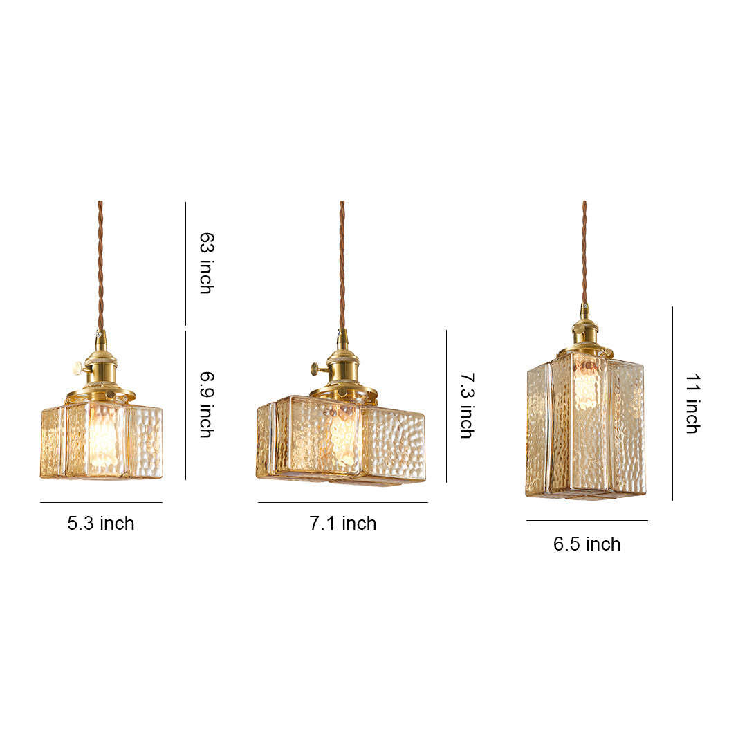 Vintage Brass Square Glass Pendant Light with Adjustable Cord