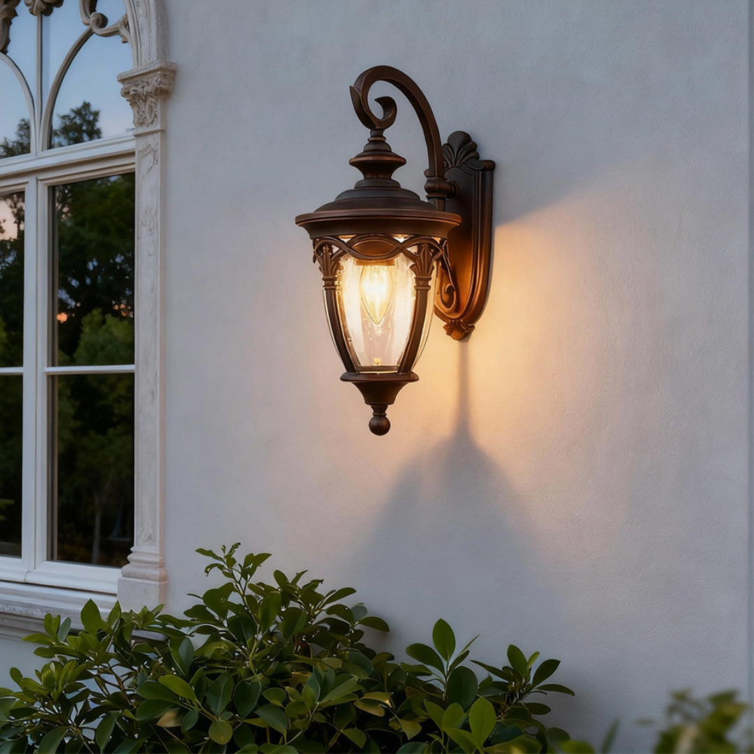 European Outdoor Wall Sconce in Sand-Black Aluminum with Clear Glass Shade