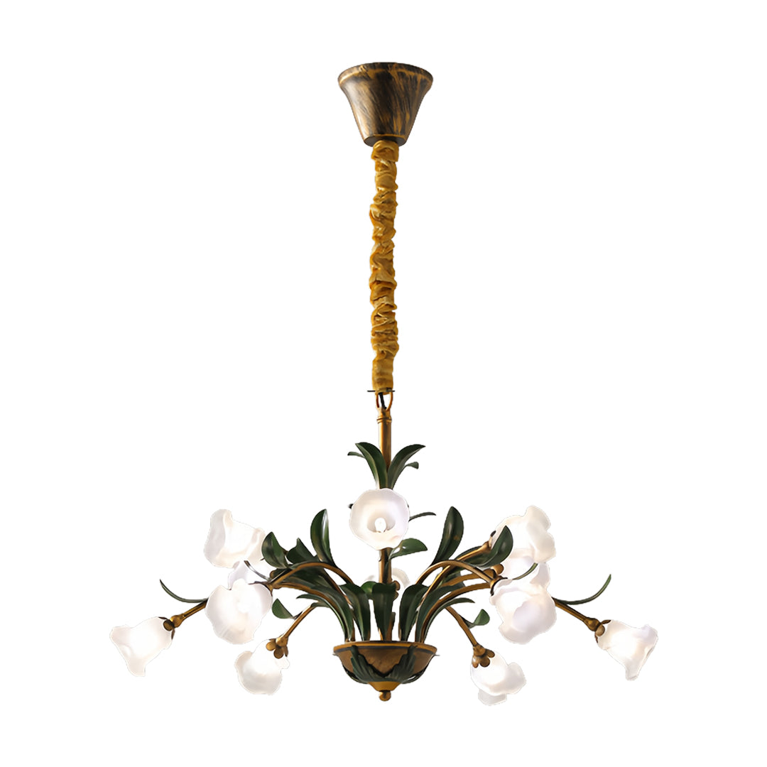Vintage French Country Floral Iron Chandelier with Glass Shades