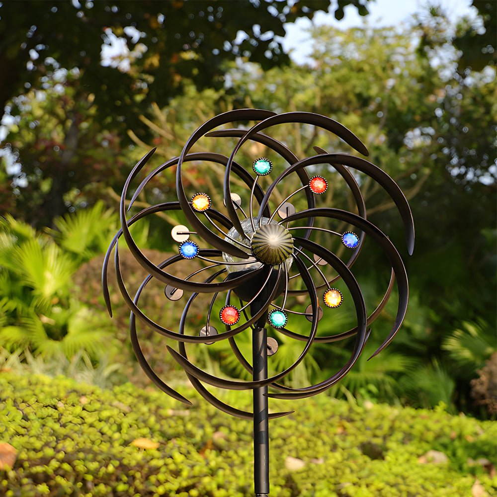 Vintage Iron Solar Wind Spinner Garden Stake Lights, Set of 2