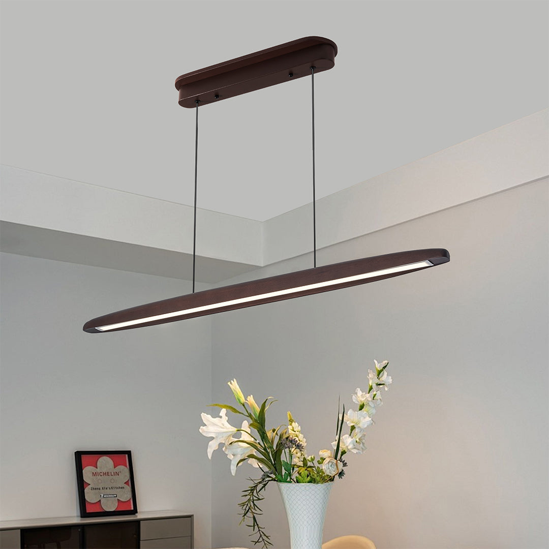 Linear LED Pendant Light in Walnut and Iron for Modern Dining and Kitchen