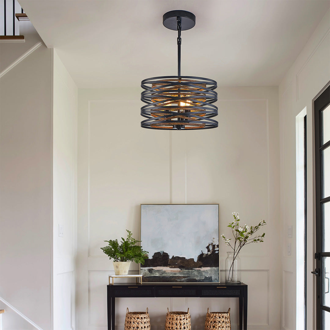 Walnut Accent Black Iron Drum Pendant Light, Adjustable Cylinder Ceiling Lamp