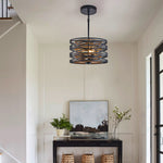 Walnut Accent Black Iron Drum Pendant Light, Adjustable Cylinder Ceiling Lamp