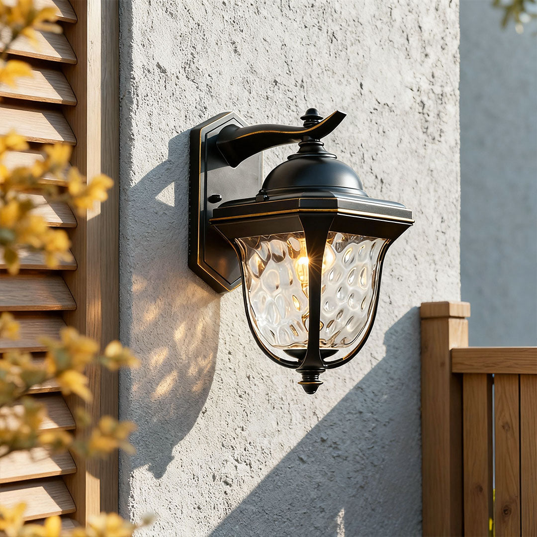 European Outdoor Wall Sconce with Clear Glass Shade in Coffee Finish