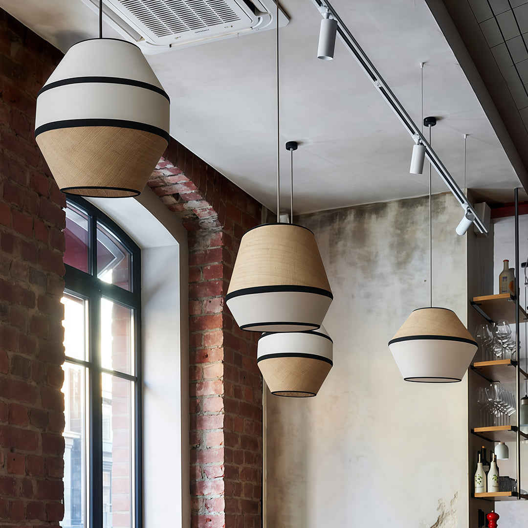Wabi-Sabi Raffia Pendant Light with Fabric Shade, Natural Beige