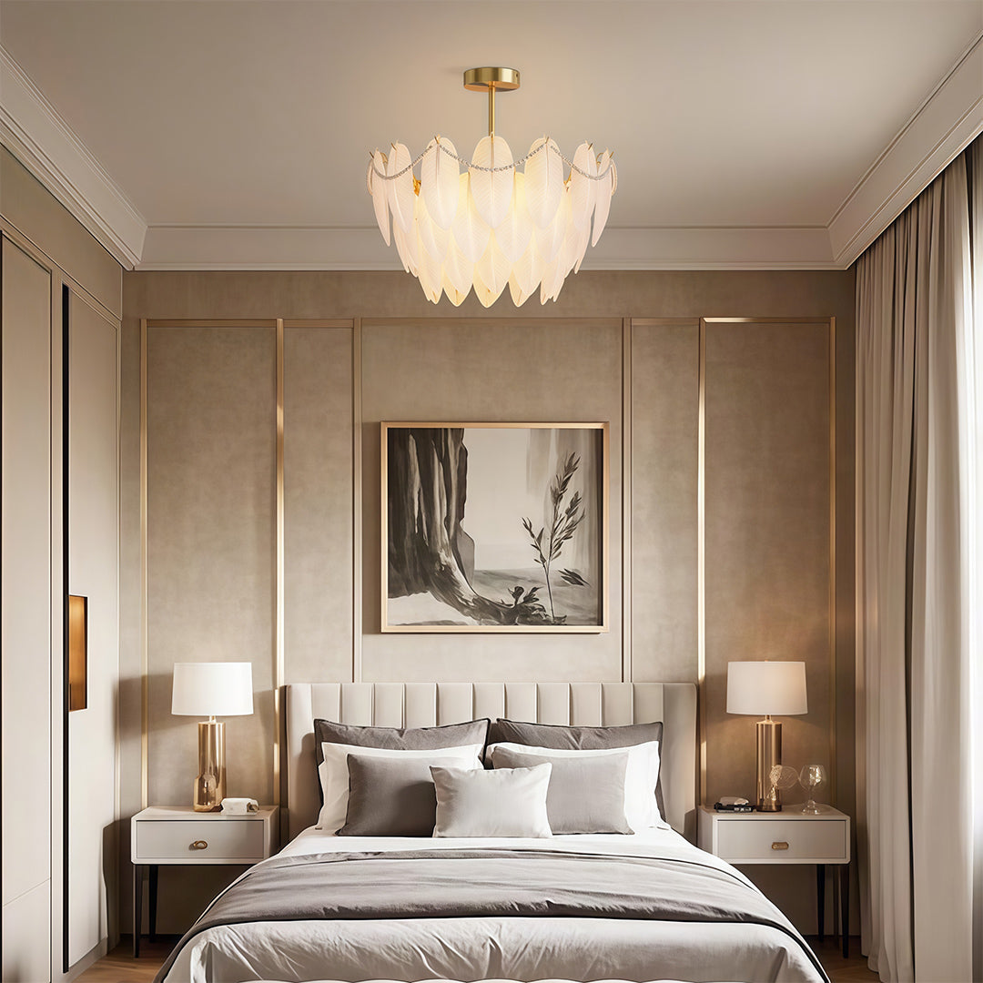 Feathers Full-Copper Chandelier with Pearl Glass Shades