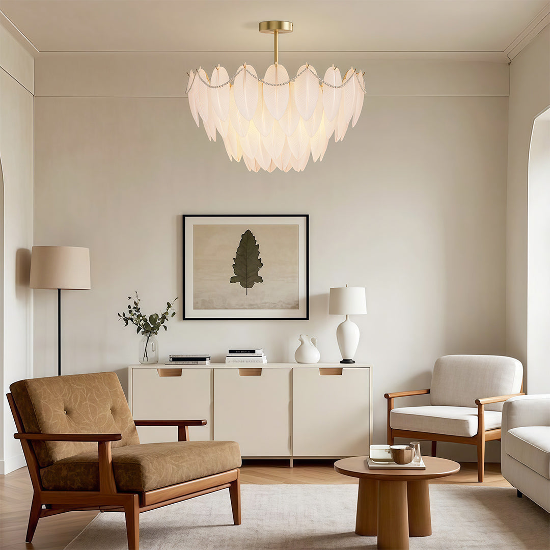 Feathers Full-Copper Chandelier with Pearl Glass Shades