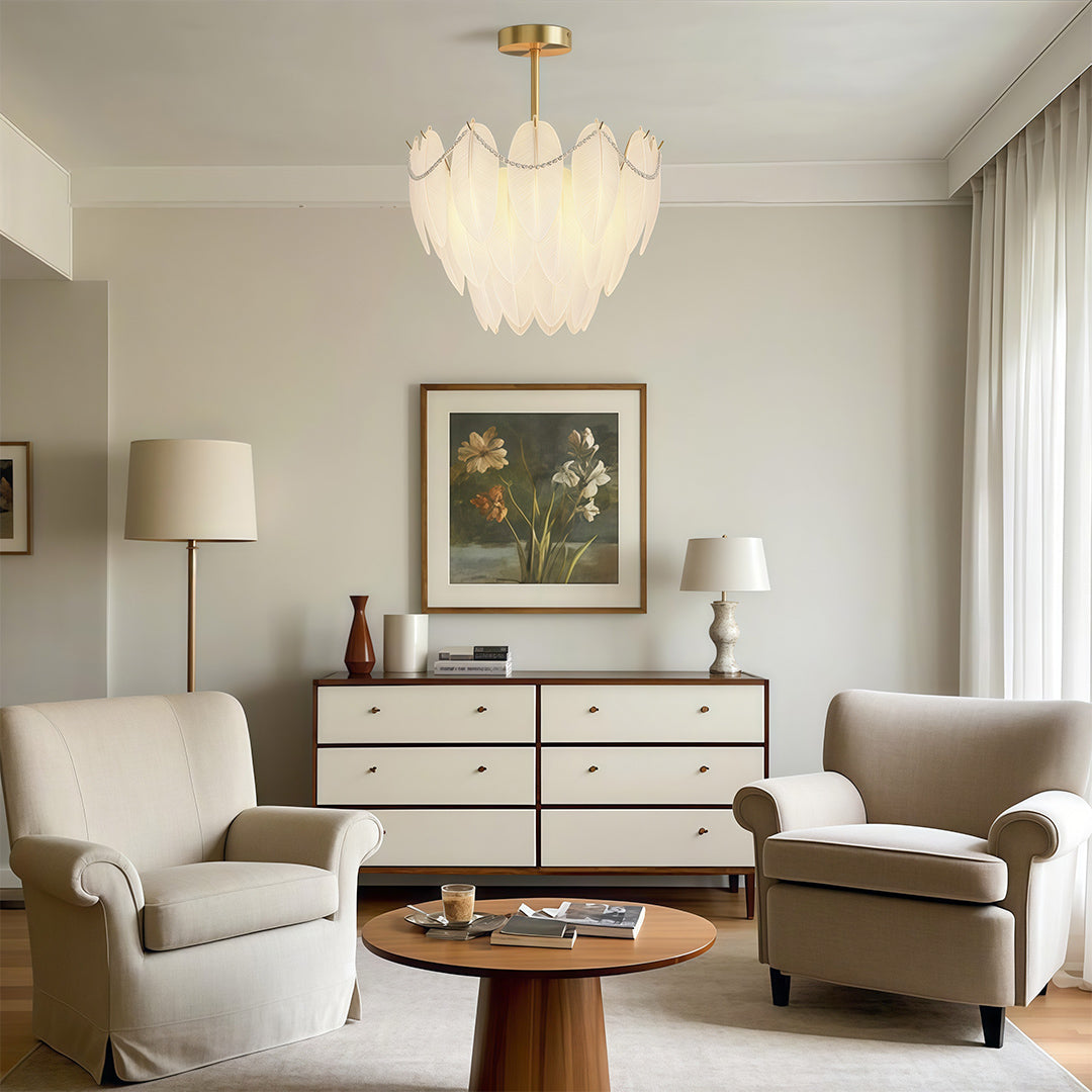 Feathers Full-Copper Chandelier with Pearl Glass Shades