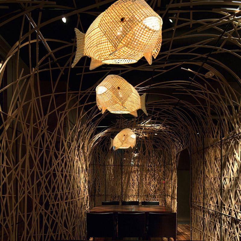 Handwoven Bamboo Fish Pendant Light for Dining Room and Kitchen Island