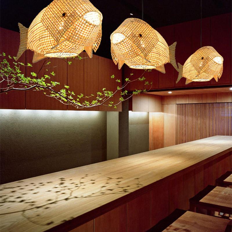Handwoven Bamboo Fish Pendant Light for Dining Room and Kitchen Island