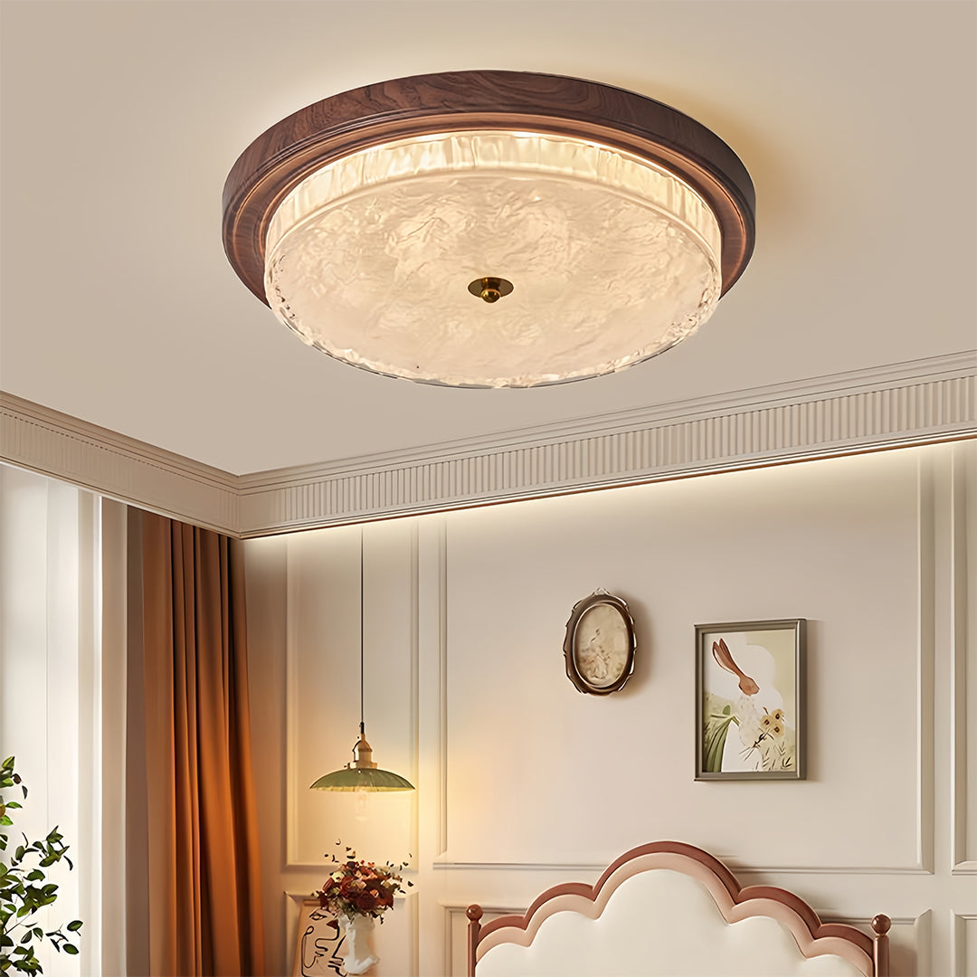 Ribbed Glass Dome Flush Mount Ceiling Light in Walnut Iron