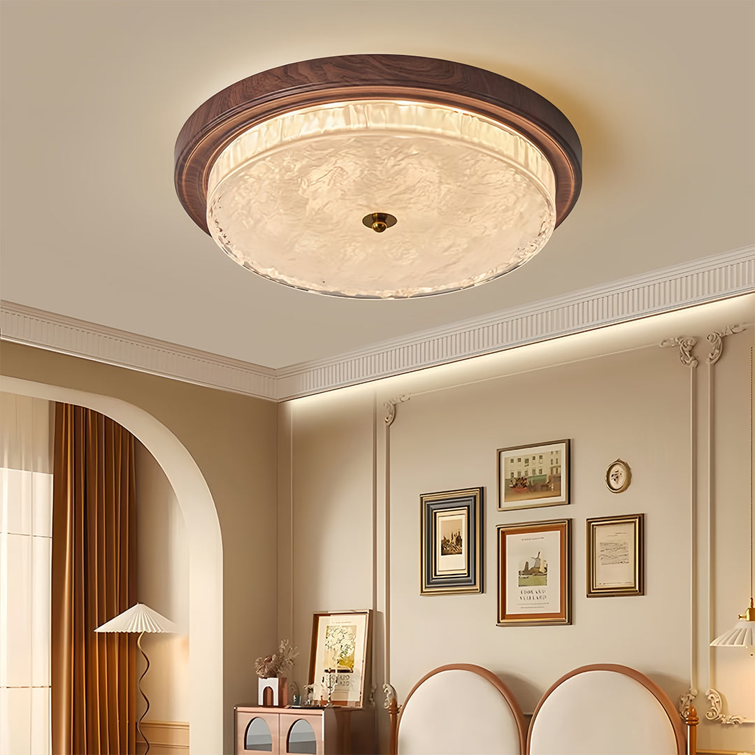 Ribbed Glass Dome Flush Mount Ceiling Light in Walnut Iron