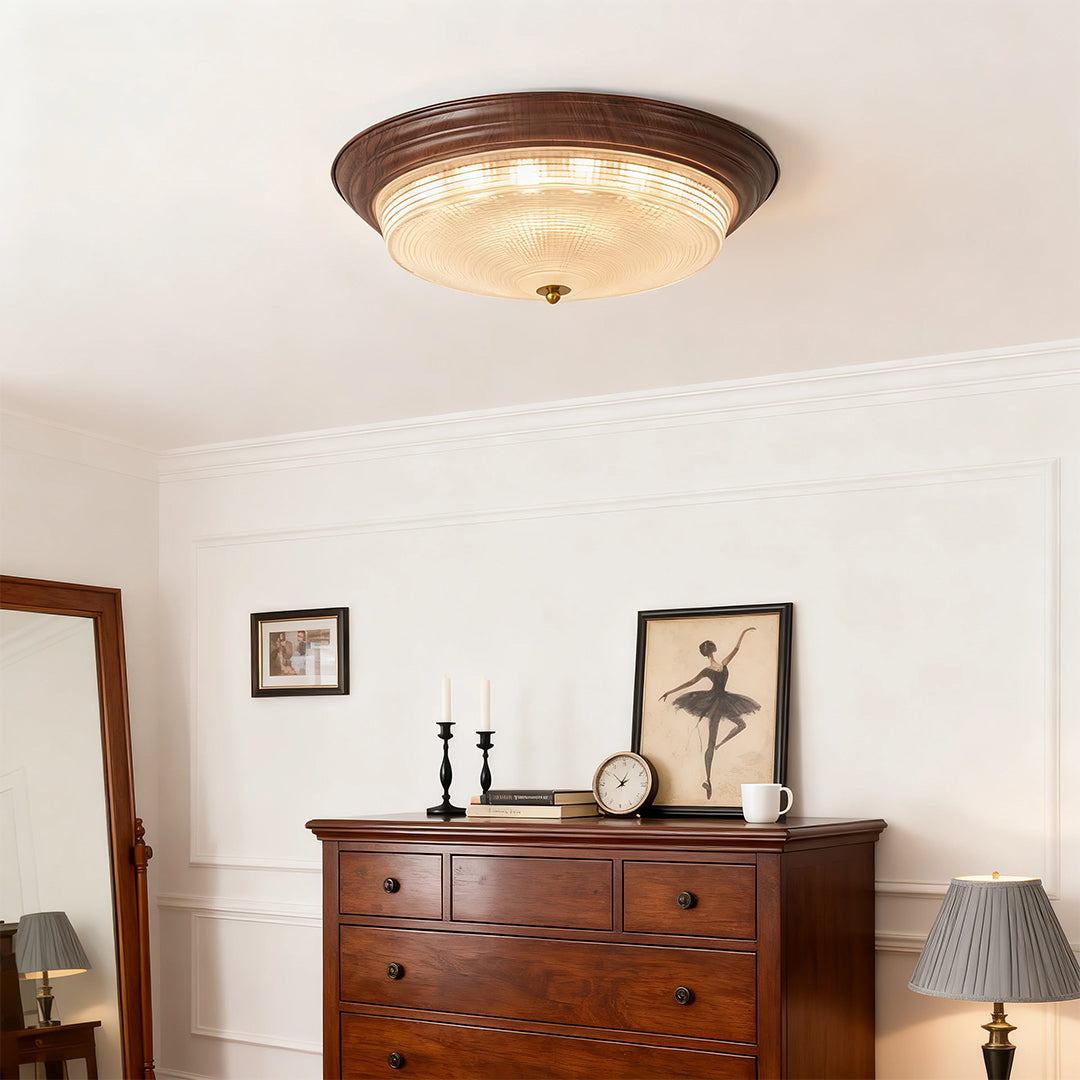Ribbed Glass Dome Flush Mount Ceiling Light in Walnut Iron