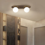 Walnut Flush Mount Ceiling Light with Milky White Glass Globes