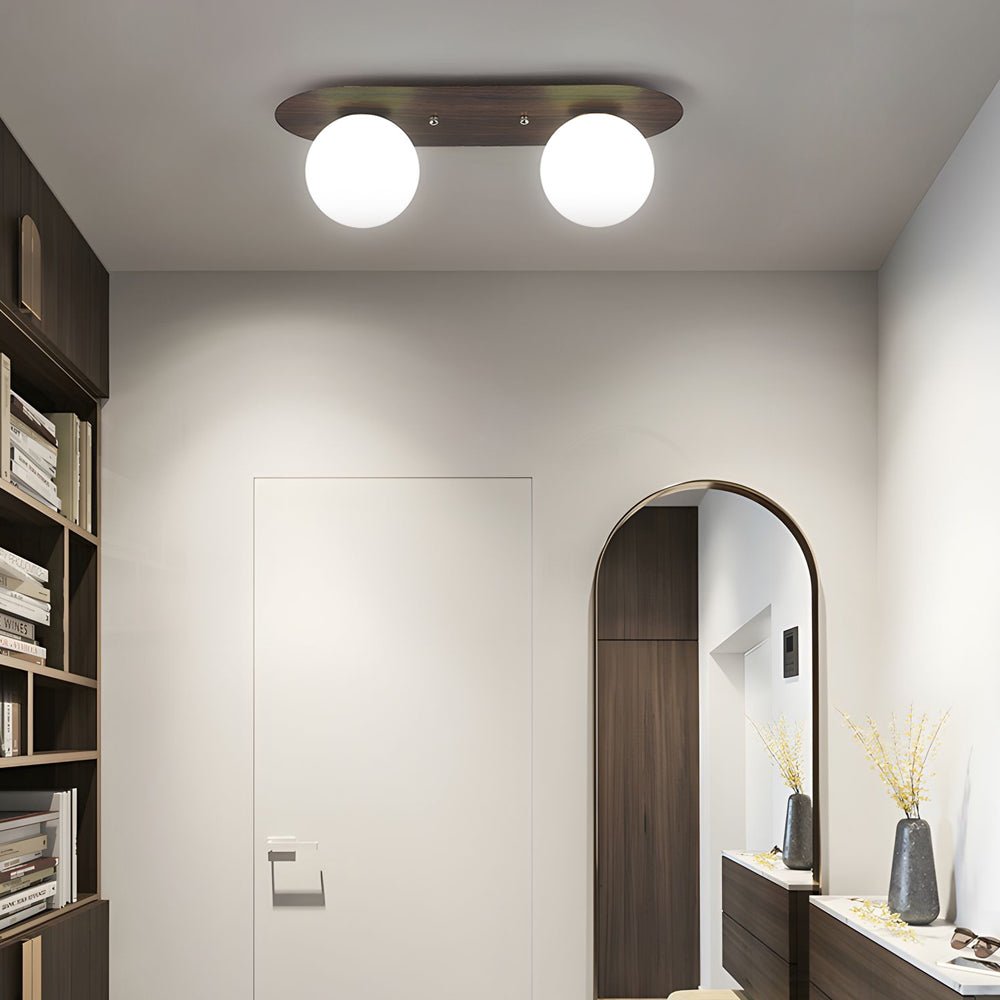Walnut Flush Mount Ceiling Light with Milky White Glass Globes