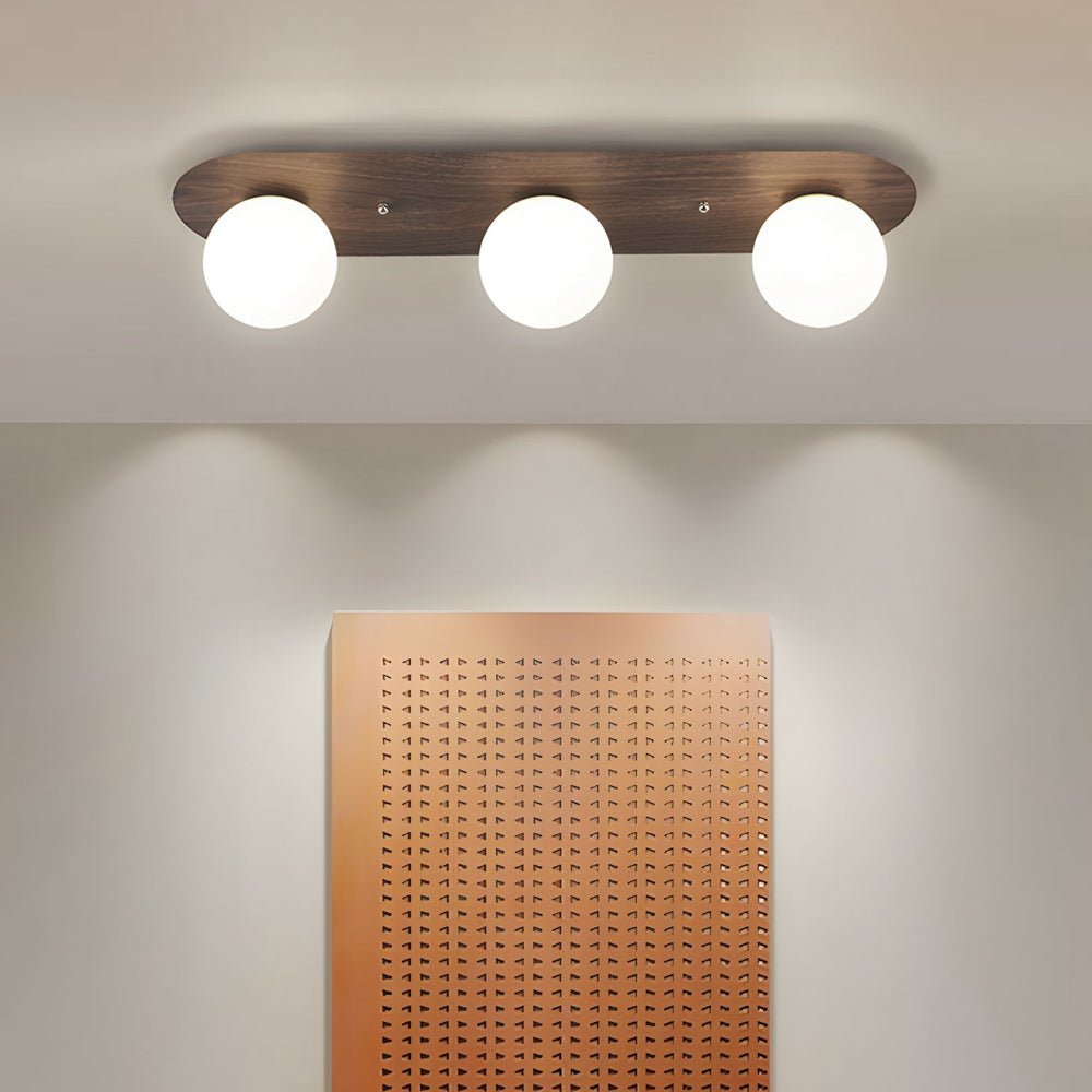 Walnut Flush Mount Ceiling Light with Milky White Glass Globes
