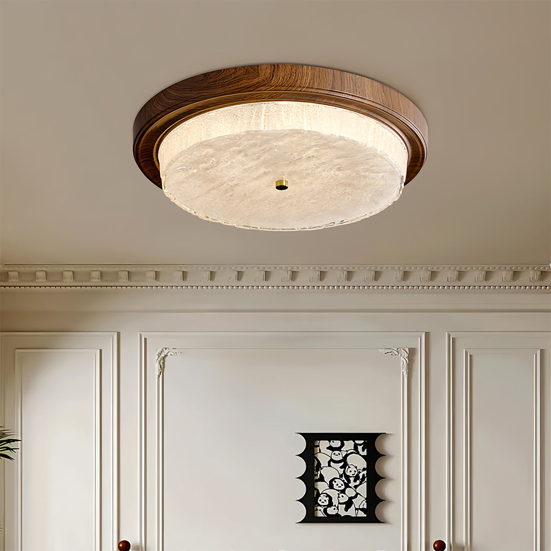 Artisan Wood Flush Mount Ceiling Light with Vintage Glass Shade