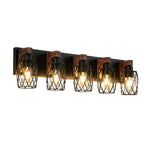 Black Metal Cage Vanity Light with Walnut Accents for Bathroom Mirror