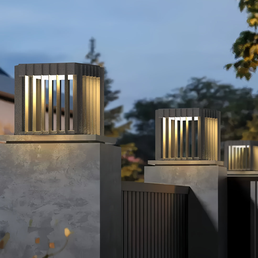 Modern Outdoor Pillar Light with Geometric Hollow Frame, Stainless Steel LED Post Lantern for Courtyard and Entryway