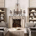Rustic Farmhouse Wood Bead Chandelier With Teardrops Candle Style Lights