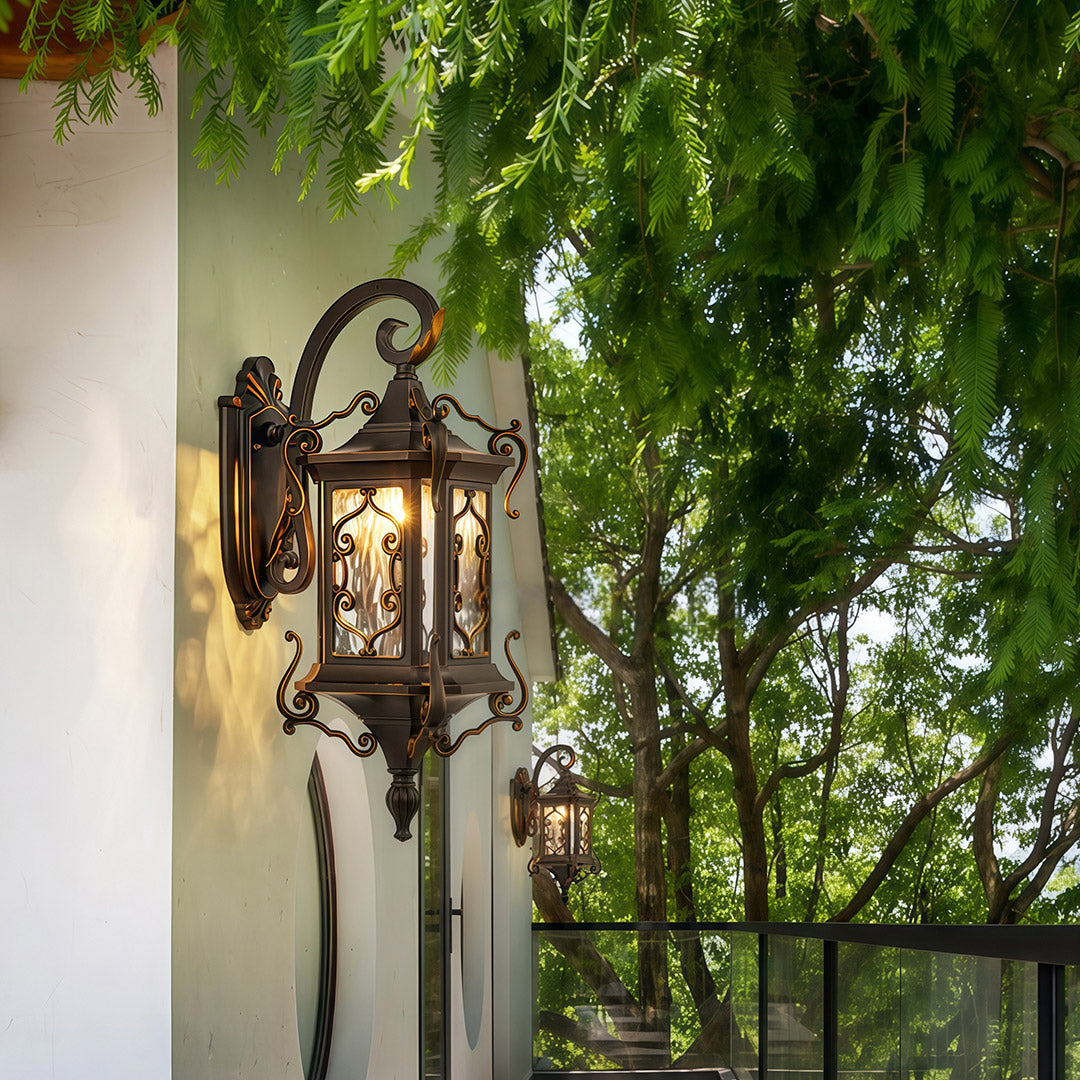 European Outdoor Wall Sconce with Gilded Aluminum Frame and Artisan Glass Shade