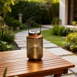 Vintage Solar Lantern with Bronze Iron Perforated Shade for Garden and Patio