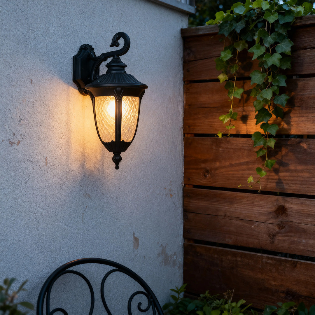European Outdoor Wall Sconce with Clear Glass Shade in Matte Black Aluminum