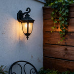 European Outdoor Wall Sconce with Clear Glass Shade in Matte Black Aluminum
