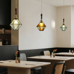 Diamond Glass Pendant Light with Brass and Wood Accents